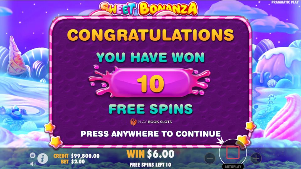 sweet bonanza, Congratulations, You have won 10 free spins